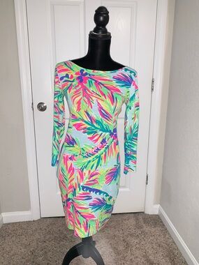 Lilly Pulitzer Neon Palm-Print Long Sleeve Dress - Aqua, Pink, Lime